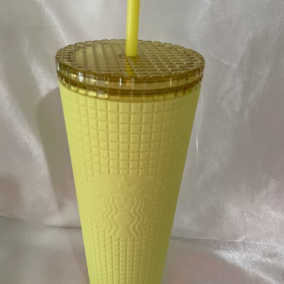 Starbucks Yellow Grid Textured Tumbler With Lid & Straw 24 Oz Cold Cup Summer Ed - Picture 3 of 5